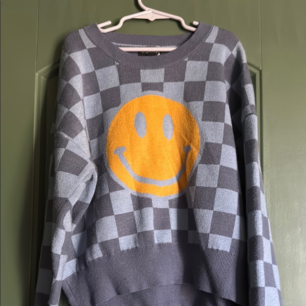 Smiley Face Checkered Sweater - Gray and Yellow